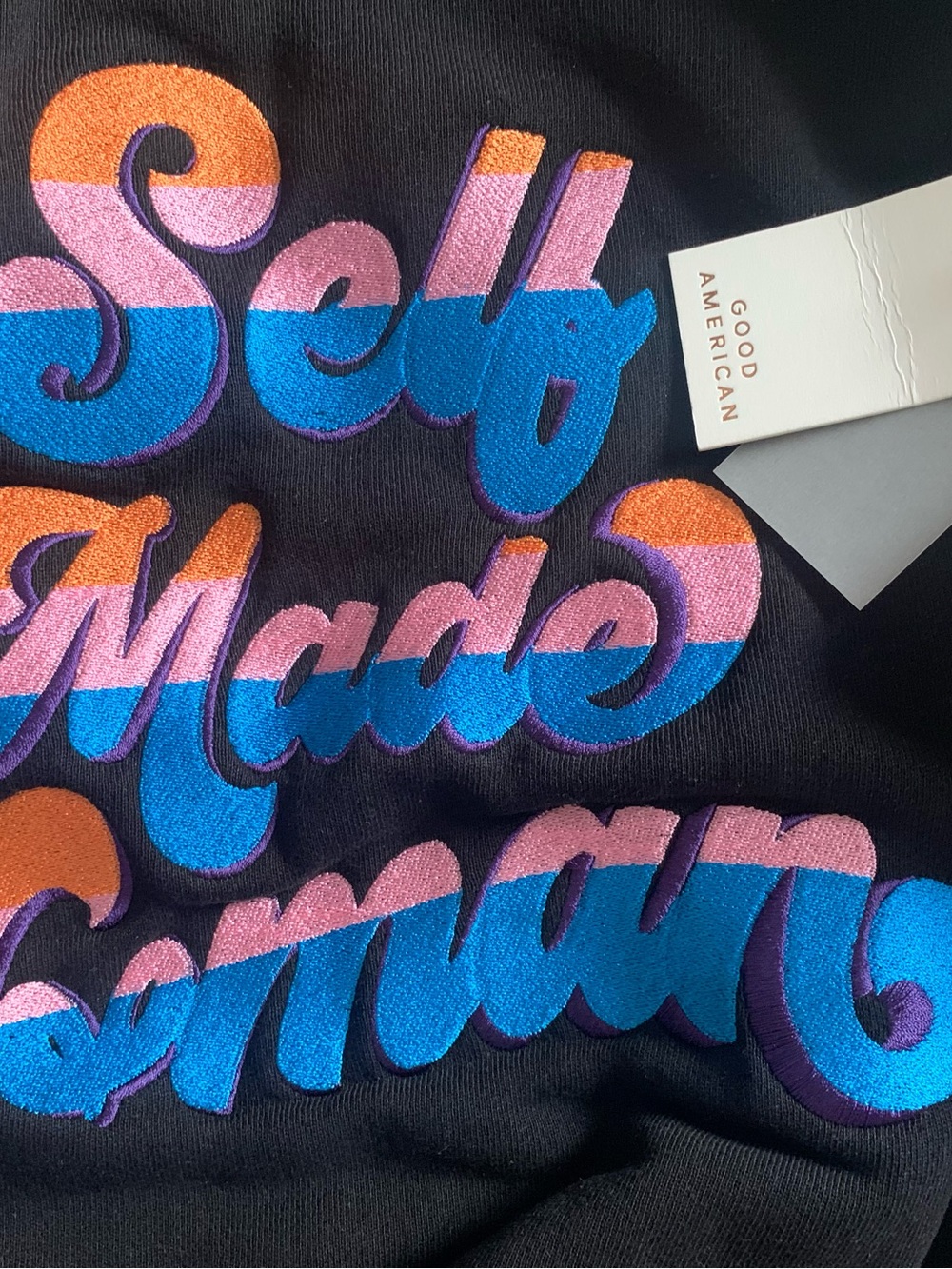#9 Good American Black Sweatshirt with Blue, Pink & Orange Flocked Script